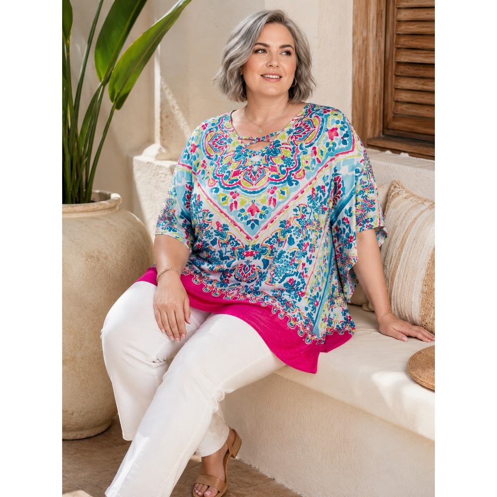 New Catherines Womans Blouse Sz 0XWP/ 1XWP Blouse Short Sleeve Pink Blue NWT